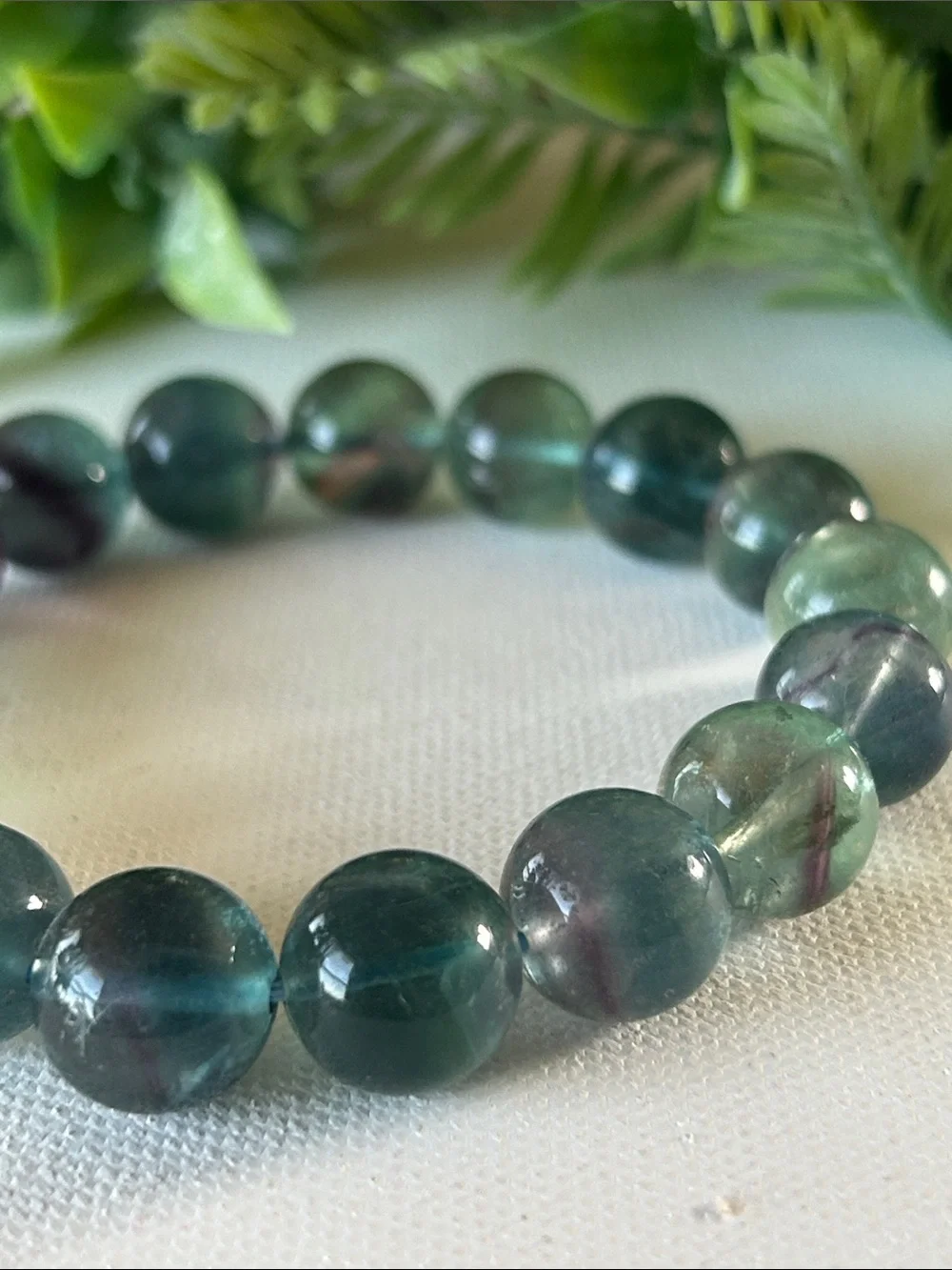 12mm Fluorite beaded stretch bracelet green blue & purple beads